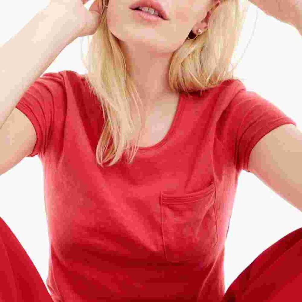 J. Crew Red Short Sleeve Slub Cotton Ringer Soft Tee Shirt Casual Womens Size L